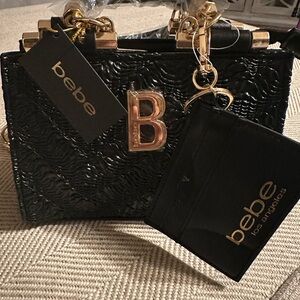 bebe Black Patent Mini Handbag with Gold Charm and Cardholder